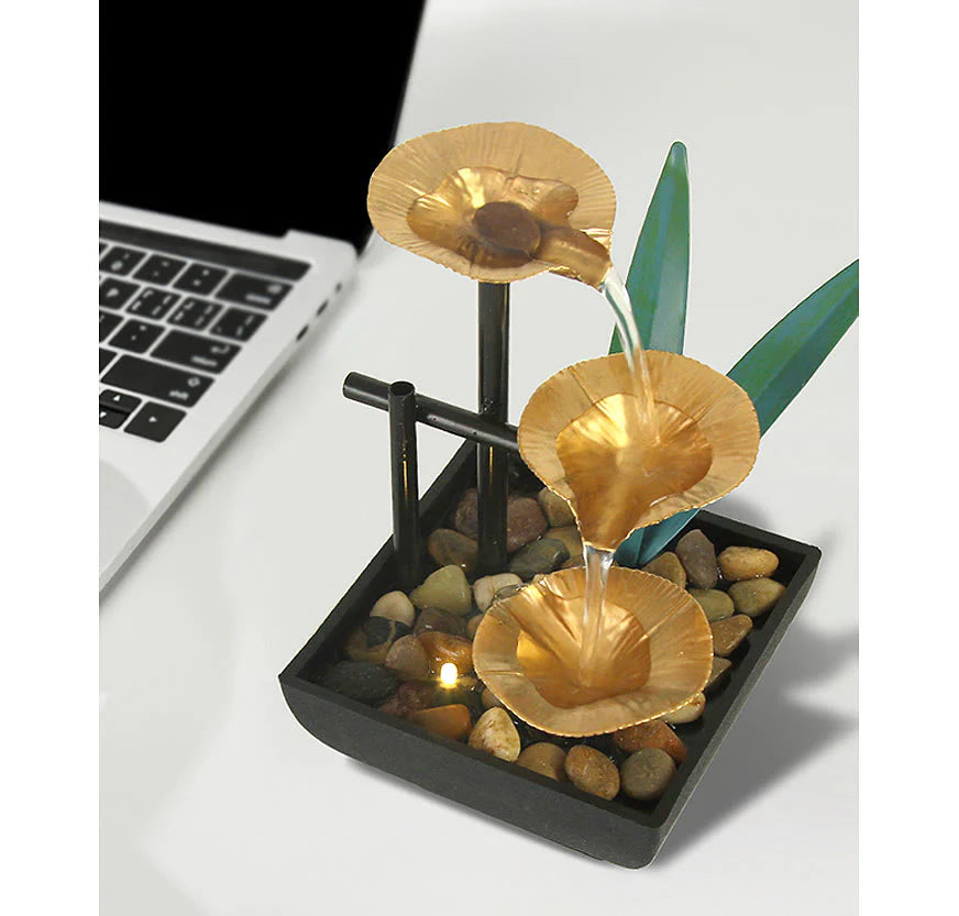 Buddha Stones Three Layers Waterfall Fountain Tabletop Lotus Ornaments With River Rocks Desktop Decoration