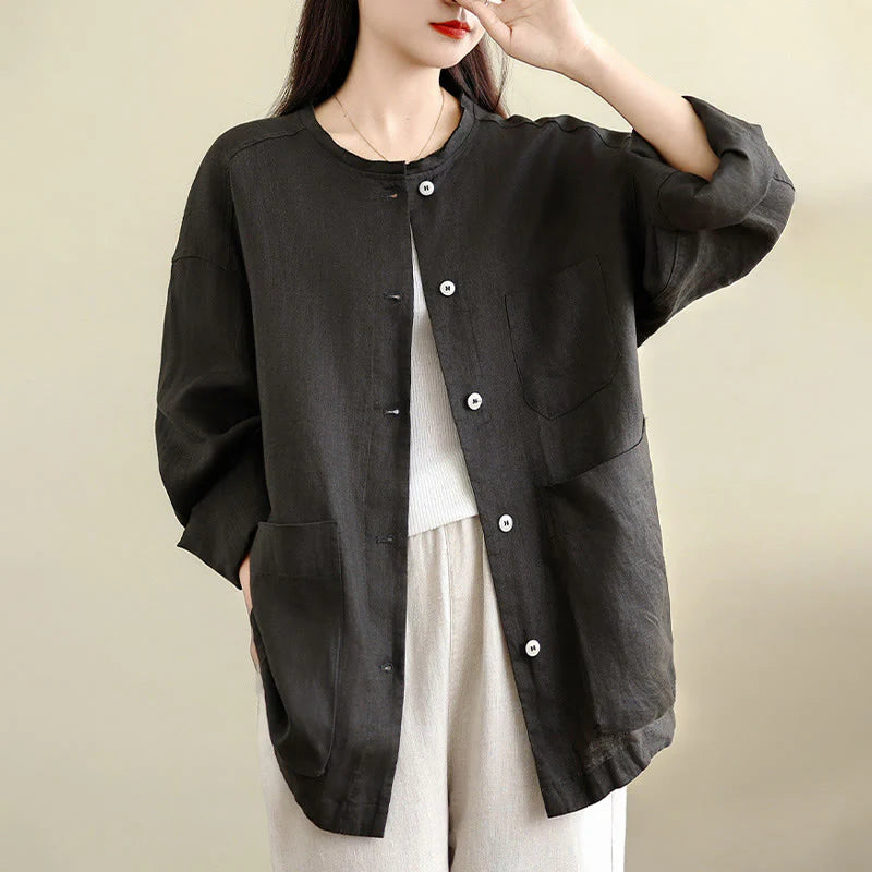 Buddha Stones Spring Crew Neck Long Sleeve Plain Women's Cotton Buttons Shirt With Pockets