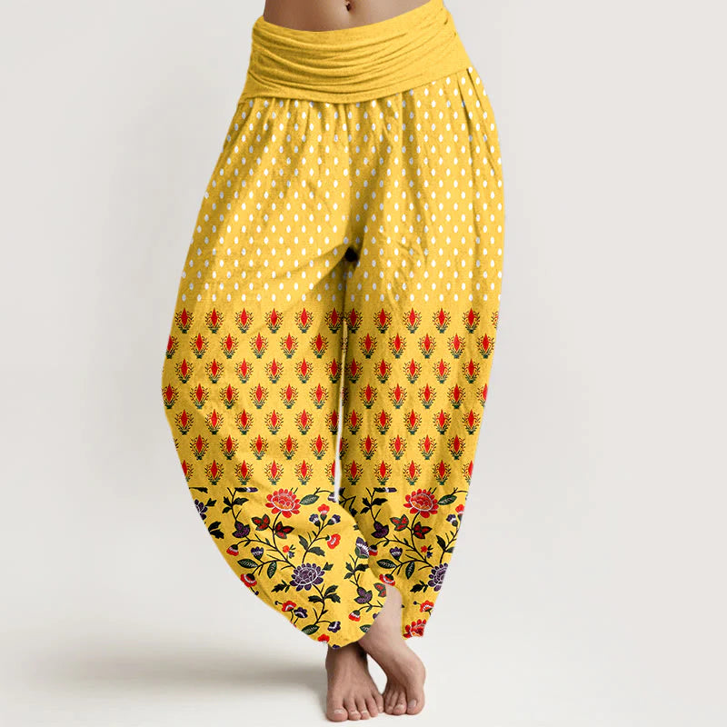 Buddha Stones Cotton Dots Red Purple Flower Pattern Women's Elastic Waist Harem Pants