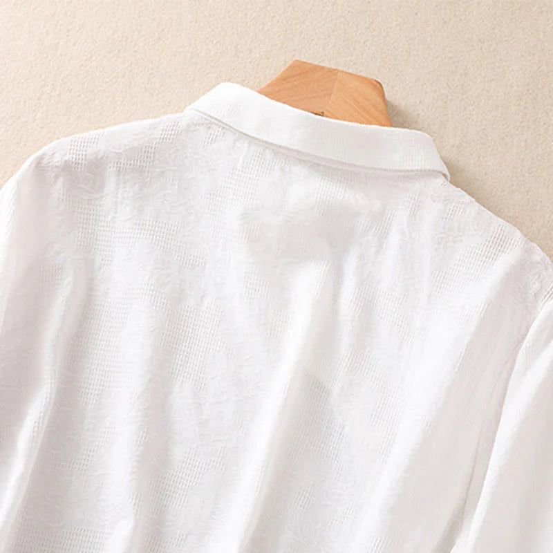 Buddha Stones Fall Embroidery Asymmetrical Design Frog-Button Women's Cotton Long Sleeve Shirt