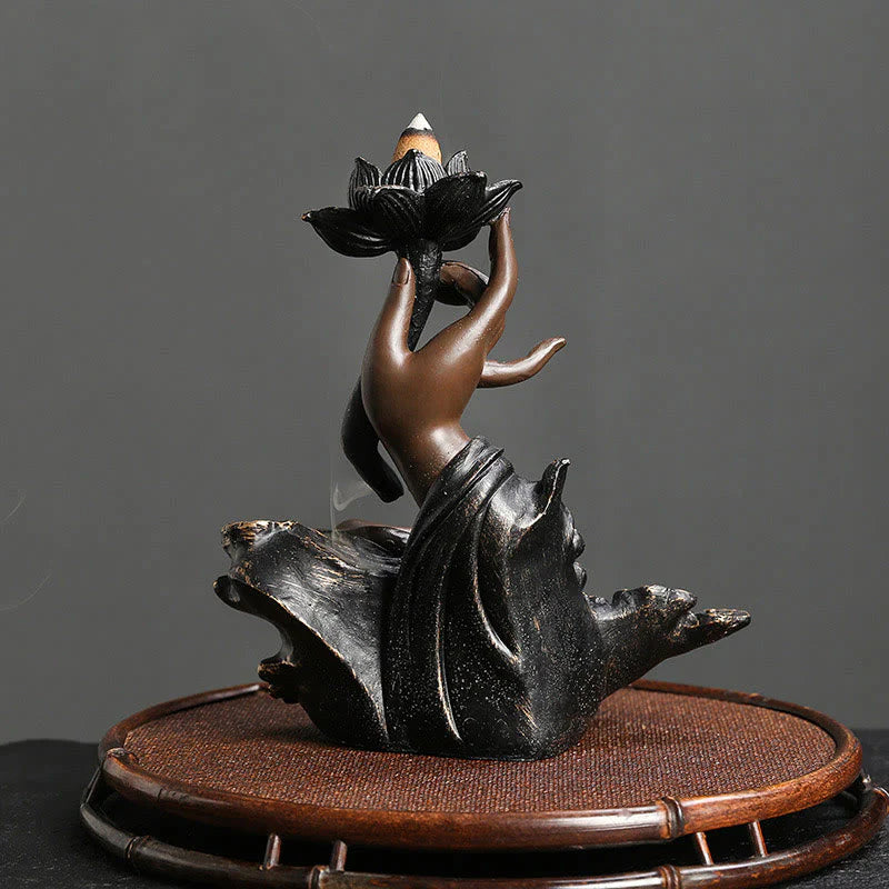 Buddha Stones Lotus Buddha Hand Auspicious Clouds Pattern Meditation Resin Backflow Incense Burner