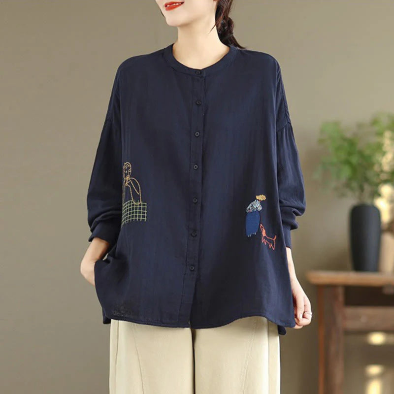 Buddha Stones Fall Embroidery Human Figure Dog Pattern Round Neck Buttons Women's Long Sleeve Shirt