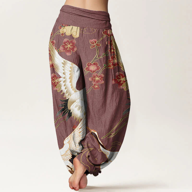 Buddha Stones Pure Cotton Cranes Flowers Auspicious CloudsÂ Pattern Women's Elastic Waist Harem Pants