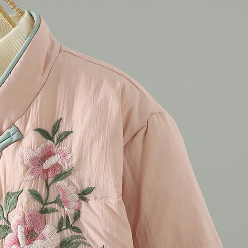 Buddha Stones Peach Blossom Embroidery Frog-Button Long Sleeve Thermal Women's Jacket With Pockets