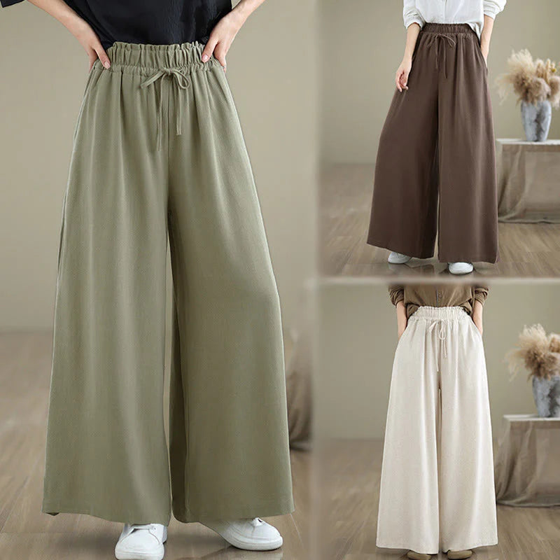 Buddha Stones Women's Pure Color Drawstring Cotton Linen Wide Leg Ankle-Length Pants With Pockets