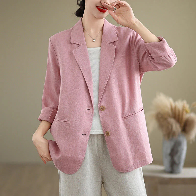 Buddha Stones Spring Solid Color Long Sleeve Cotton Linen Women's Jacket With Pockets