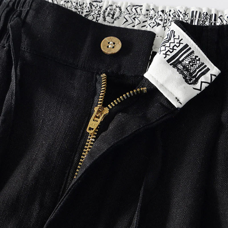 Buddha Stones Fall Solid Drawstring Zipper Men's Linen Wide Leg Pants With Pockets