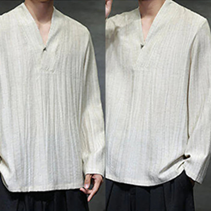 Buddha Stones Plain V-Neck Long Sleeve Men's Linen Shirt