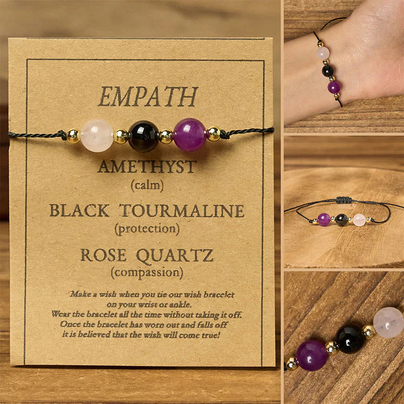 Buddha Stones Amethyst Black Tourmaline Rose Quartz Empath Card Rope Bracelet