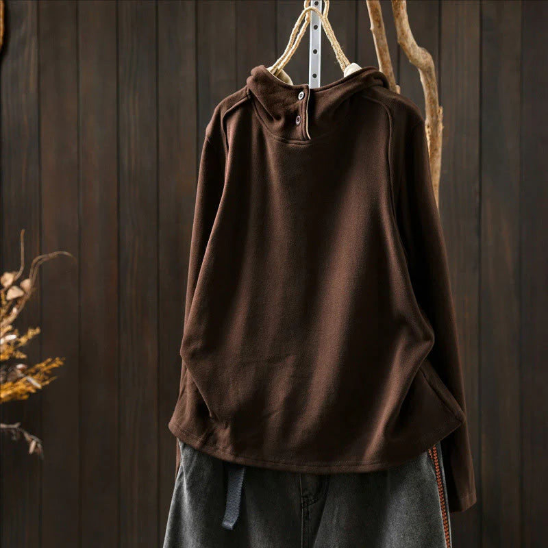 Buddha Stones Winter Solid Color Cotton Thickened Long Sleeve Women's Hoodie Has Hood