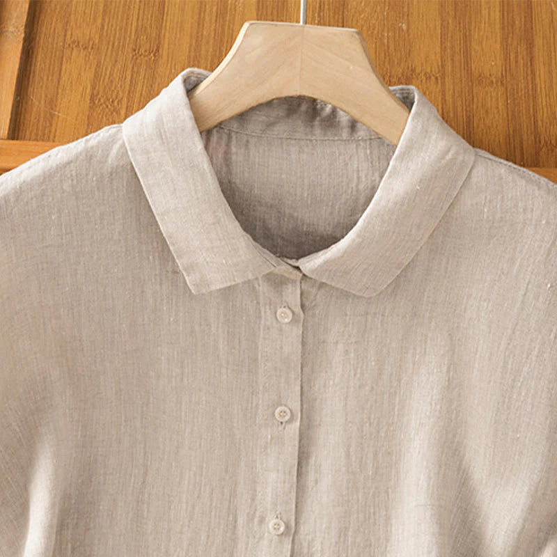 Buddha Stones Summer Plain Color Button Short Sleeve Women's Cotton Shirt