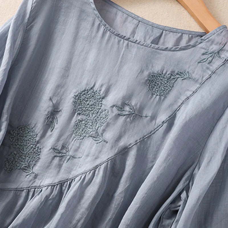 Buddha Stones Embroidered Flower Crew Neck Design Women's Cotton Linen Half Sleeve Shirt