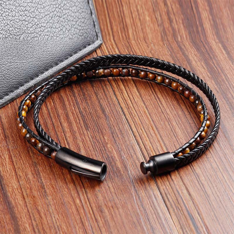 Buddha Stones Tiger Eye Titanium Steel Protection Strengthen Leather Bracelet