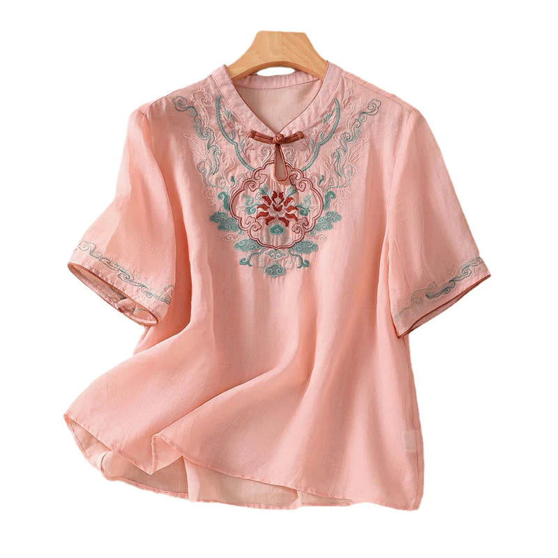 Buddha Stones Casual Retro Embroidery Frog-Button Design Women's Cotton Linen Half Sleeve Shirt