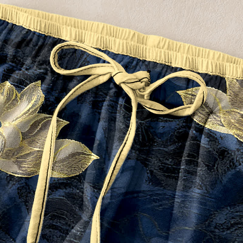 Buddha Stones Lotus Pattern Pure Cotton Elastic Waist Women's Pants With Pockets