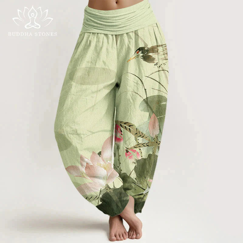 Buddha Stones Cotton Pink Lotus Leaves Bird Pattern Women's Elastic Waist Harem Pants