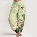 Buddha Stones Cotton Pink Lotus Leaves Bird Pattern Women's Elastic Waist Harem Pants