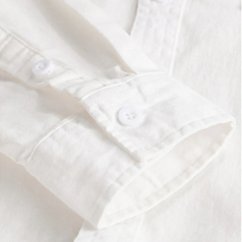 Buddha Stones Solid Buttons Down Decorative Pocket Men's Stand Collar Long Sleeve Cotton Shirt