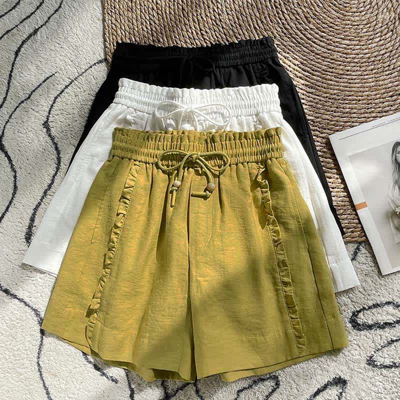 Buddha Stones Summer Drawstring Ruffle Elastic Waist Women's Shorts With Pockets