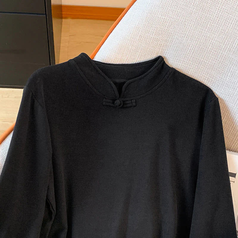 Buddha Stones Spring Solid Color Stand Collar Frog-button Design Women's Cotton Long Sleeve Shirt