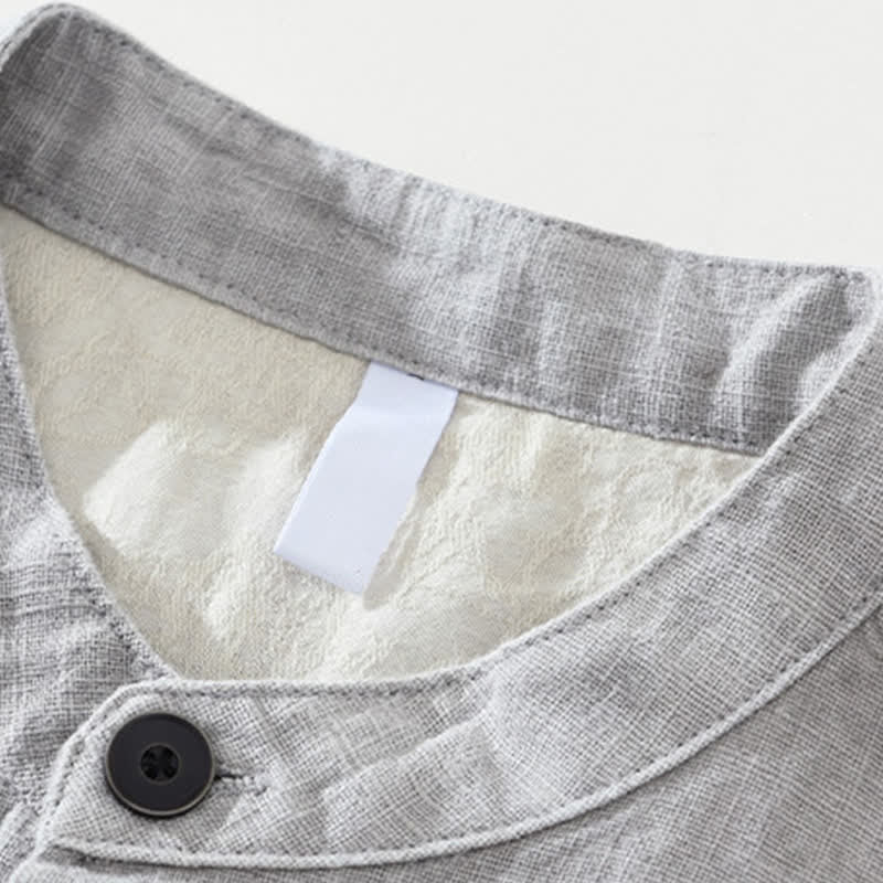 Buddha Stones Fall Plain Long Sleeve Buttons Design Men's Ramie Linen Cotton Shirts With Pocket