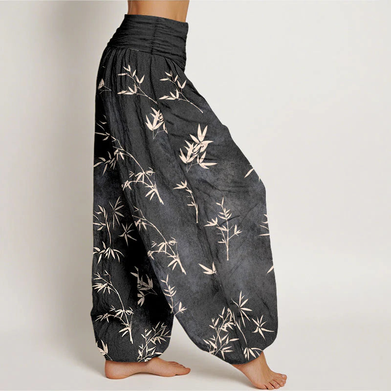 Buddha Stones Cotton Simple Bamboo Leaves Pattern Women's Elastic Waist Harem Pants