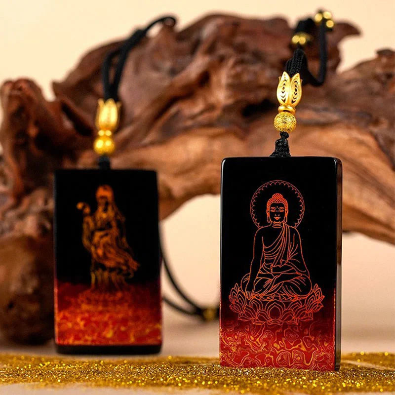 Buddha Stones Chinese Zodiac Natal Buddha Fu Character Lacquer Craft Sandalwood Pendant Necklace