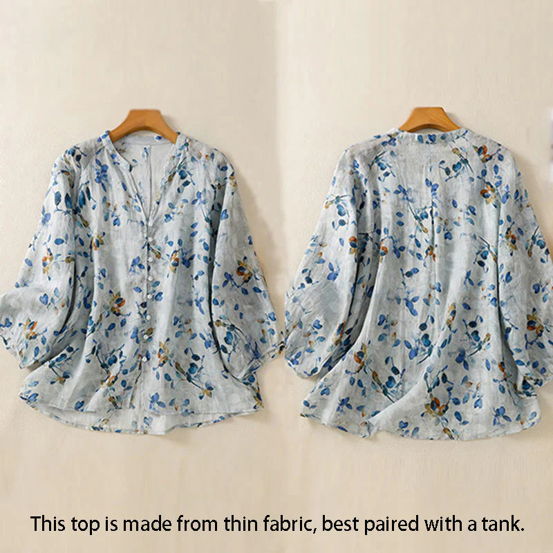 Buddha Stones Blue Floral V-Neck Three Quarter Sleeve Women's Cotton Shirt