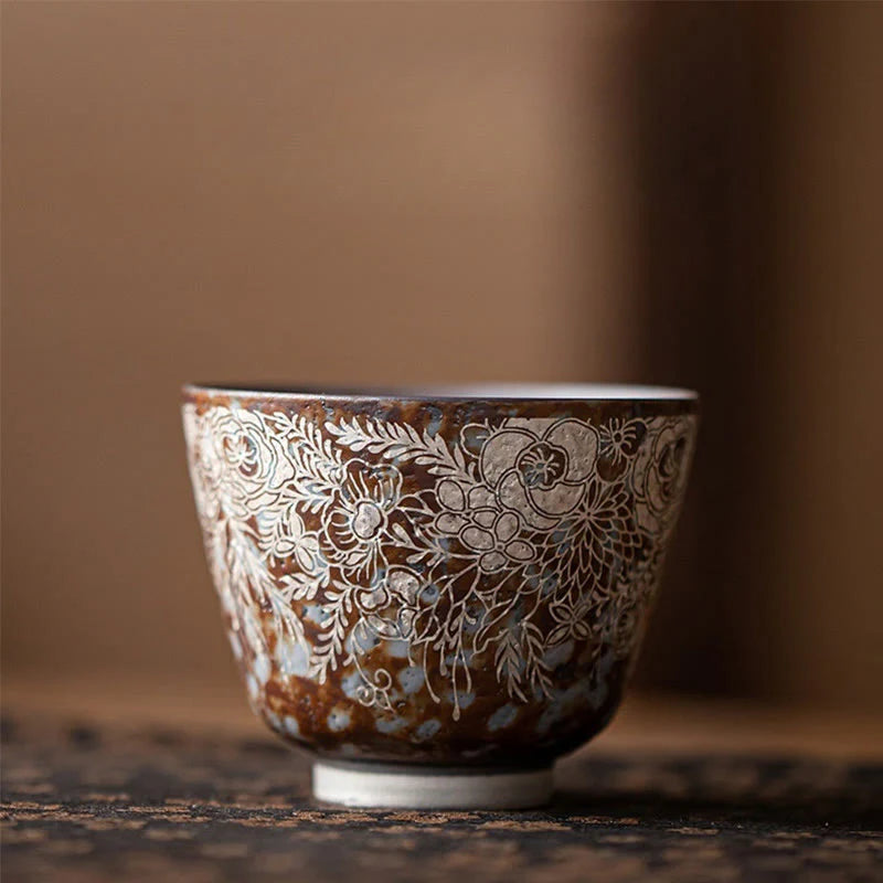 Buddha Stones Brown Flowers In Full Bloom Teacup Kung Fu Tea Cup 100ml With Gift Box
