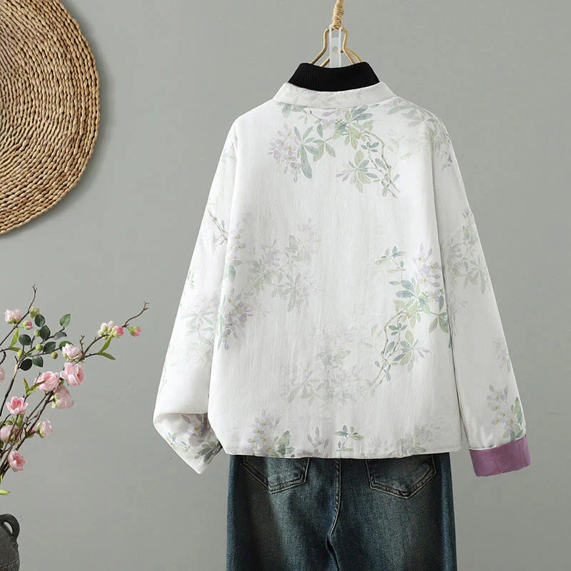 Buddha Stones Women's Purple Flower Leaves Frog-Button Design Long Sleeve Thermal Jacket