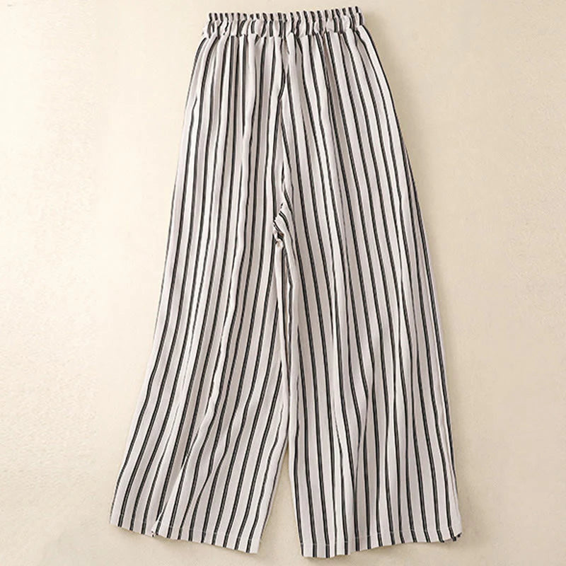 Buddha Stones Casual Acrylic Stripe Lace-up Women's Wide Leg Pants With Pockets