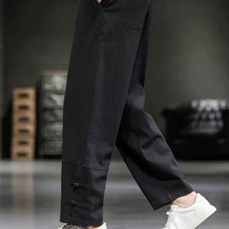 Buddha Stones Drawstring Elastic Waist Frog-Button Ankle-Length Men's Cotton Pants With Pockets