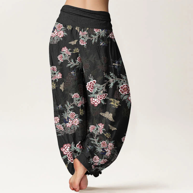 Buddha Stones Cotton Flowers Leaves Butterfly Pattern Women's Elastic Waist Harem Pants