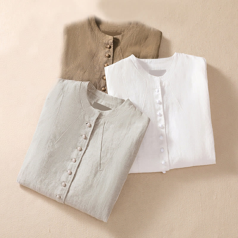 Buddha Stones Women's Cotton Linen Stand Collar Long Sleeve Shirt With Pockets