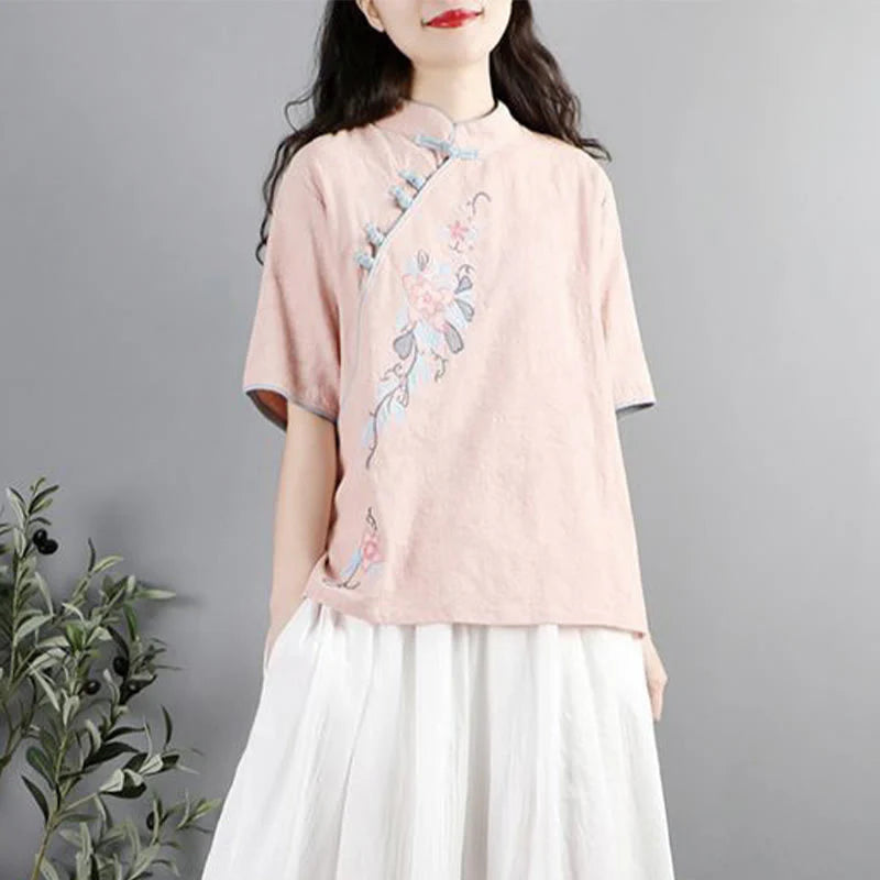 Buddha Stones Summer Flower Embroidery Half Sleeve Frog-Button Mandarin Collar Cotton Linen Women's Shirt