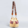 Buddha Stones Beach Geometry Straw Woven Bucket Tassels Crossbody Bag Shoulder Bag