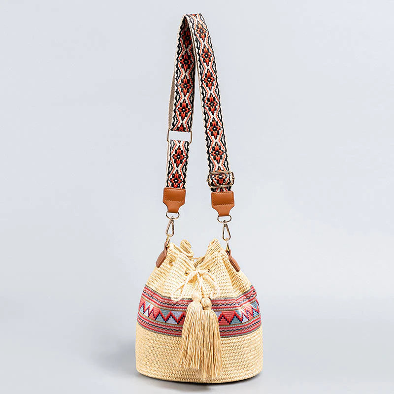 Buddha Stones Beach Geometry Straw Woven Bucket Tassels Crossbody Bag Shoulder Bag