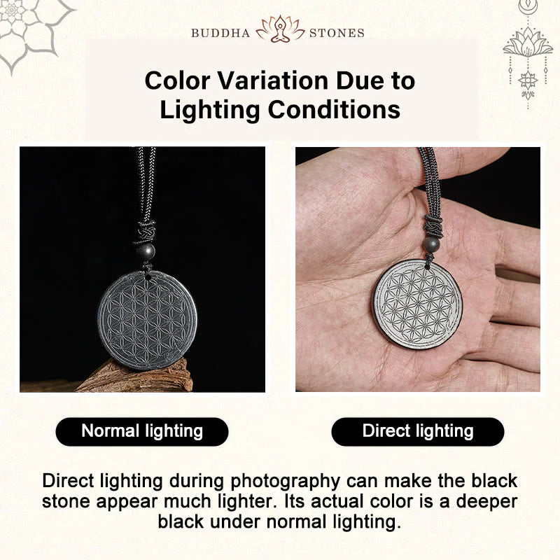 Buddha Stones Flower of Life Carving Design Authentic Shungite Stone Protection Necklace Pendant