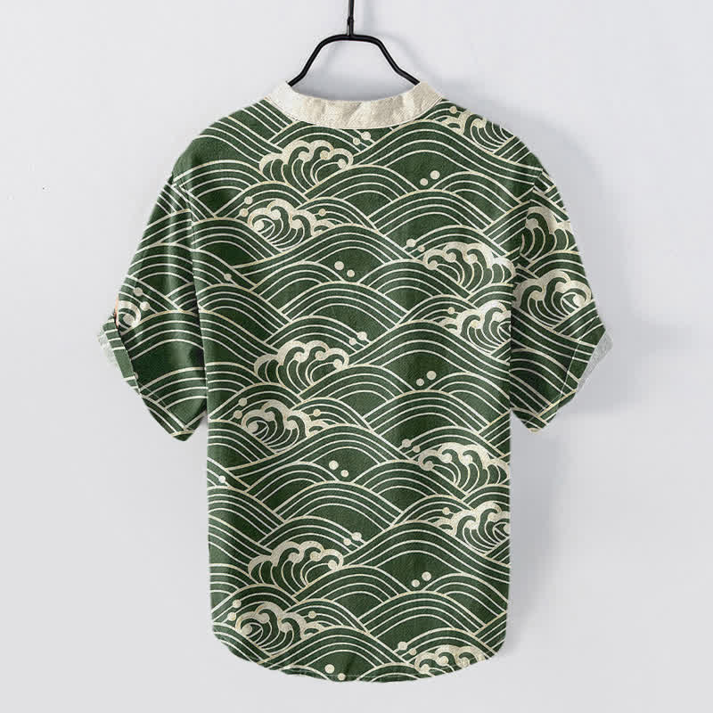 Buddha Stones Cotton Wave Emblem Men's Short Sleeve Half Button Shirt