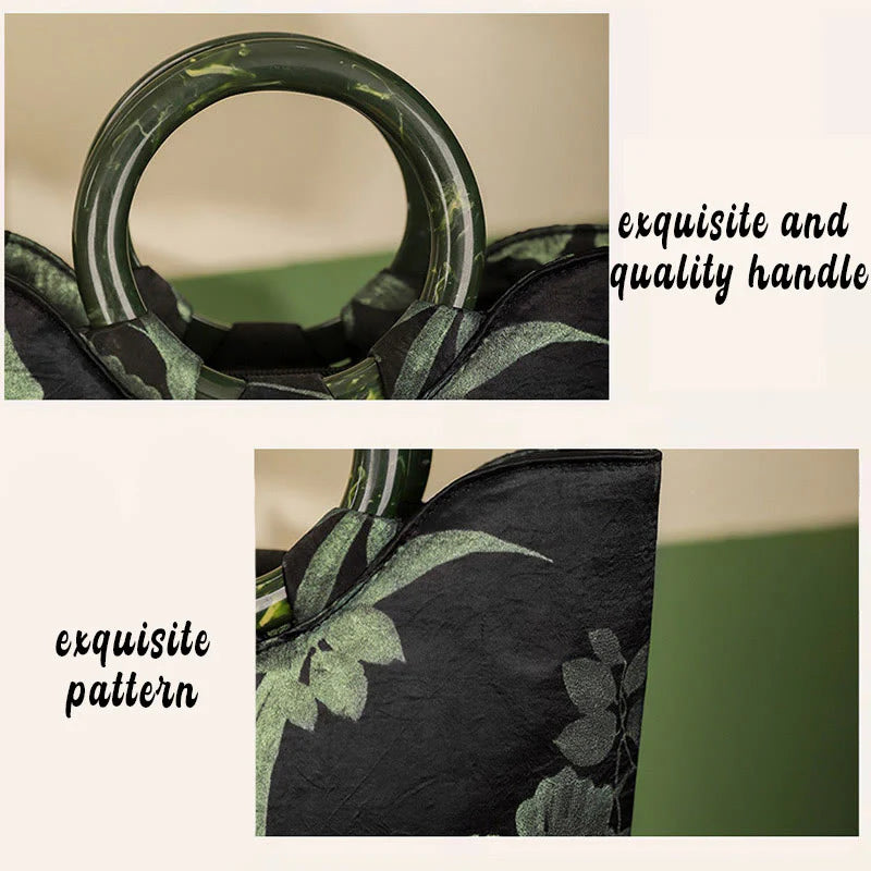 Buddha Stones Black Green Orchids Print Vintage Handbag