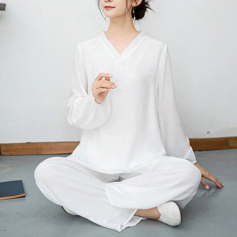 Buddha Stones 2Pcs White Long Sleeve V-Neck Shirt Wide Leg Pants Meditation Women's Set