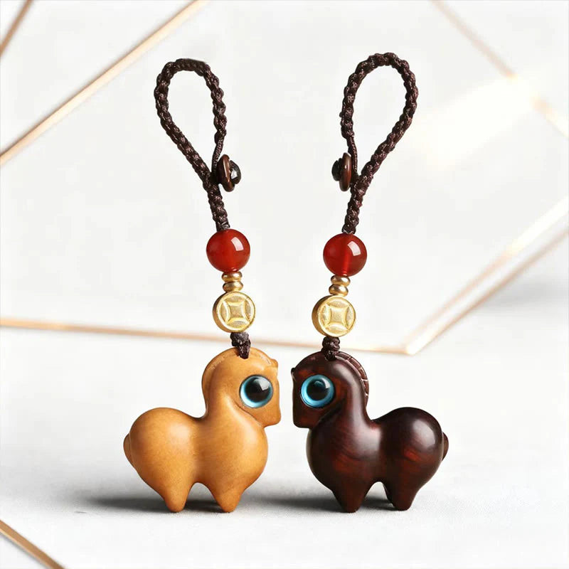 Buddha Stones Year of the Horse Small Leaf Red Sandalwood Calm Key Chain Phone Hanging Decoration