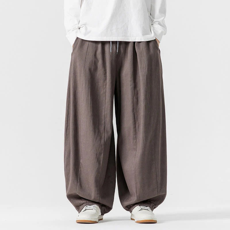 Buddha Stones Winter Commute Plain Drawstring Design Men's Wide Leg Cotton Pants With Pockets