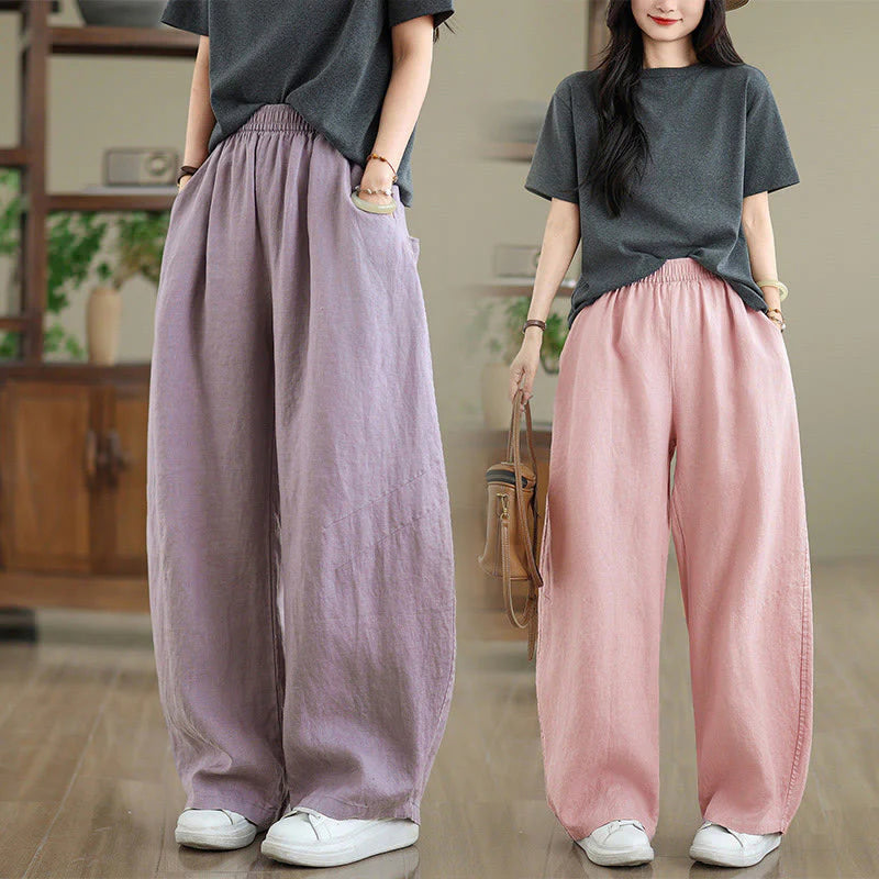 Buddha Stones Casual Plain Cotton Women's Wide Leg Pants With Pockets