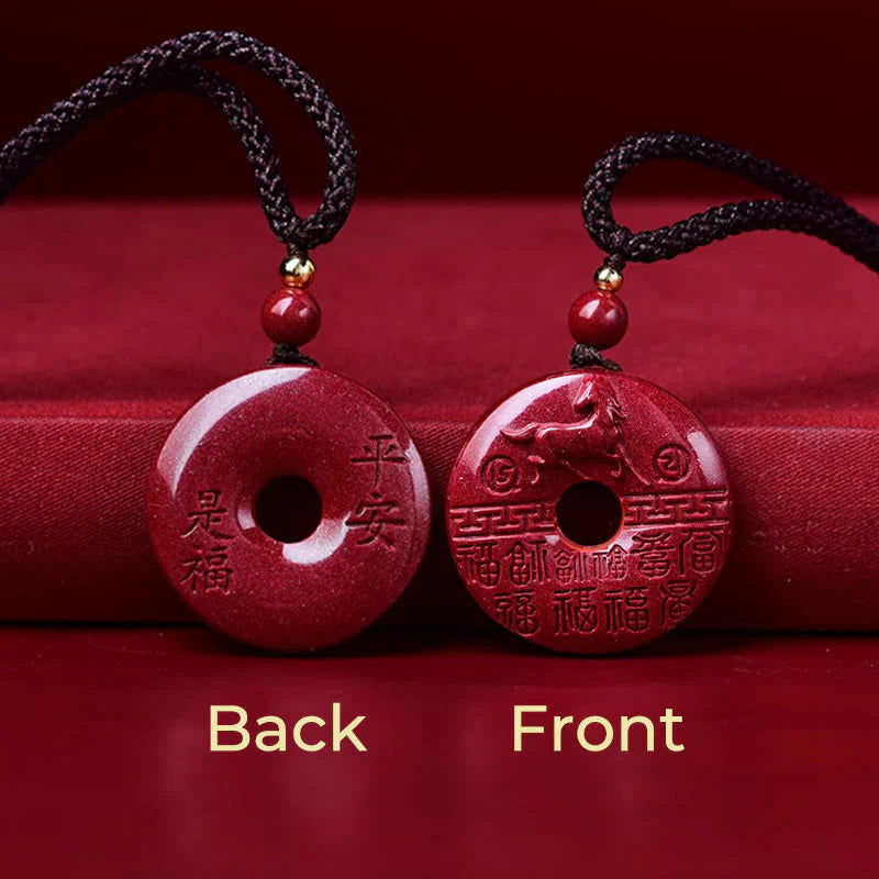 Buddha Stones Year Of The Horse Carved Fu Character Peace Buckle Design Cinnabar Blessing Auspicious Necklace Pendant