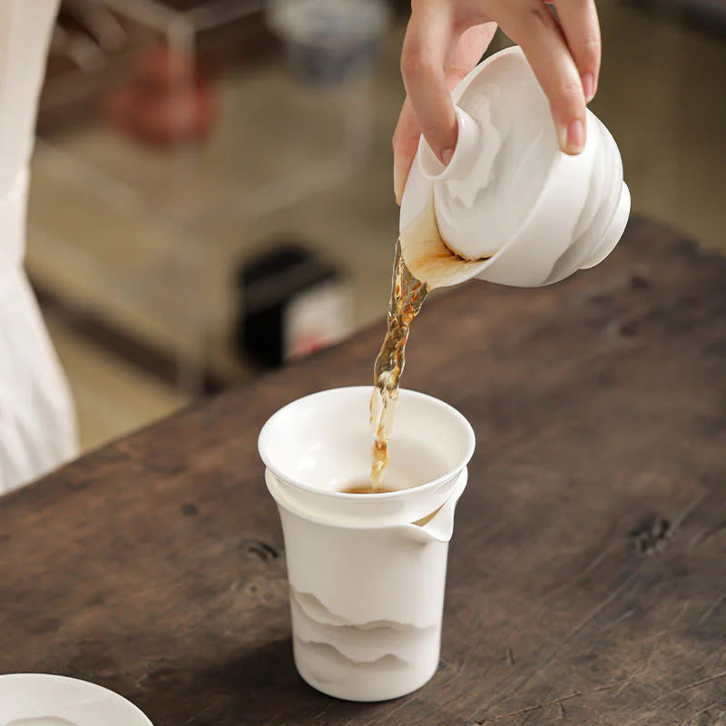 Buddha Stones Vintage Ink Painting Mountain White Porcelain Ceramic Gaiwan Sancai Teacup Kung Fu Tea Cup And Saucer With Lid Tea Utensil Teapot