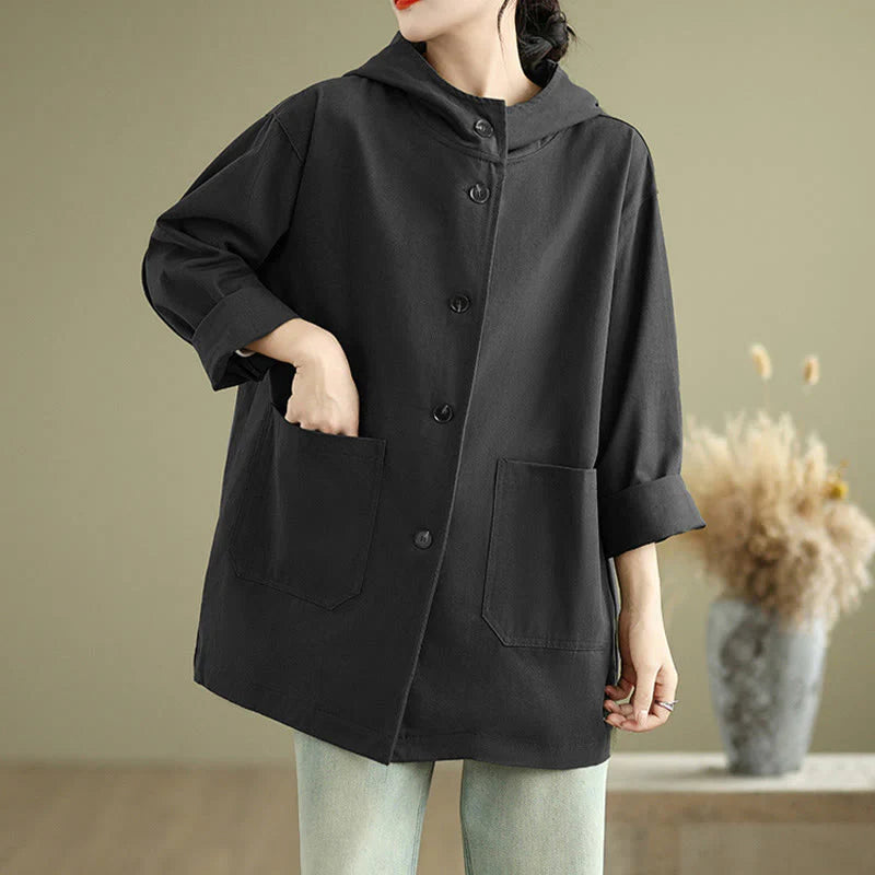 Buddha Stones Fall Vintage Hoodie Women's Cotton Linen Jacket With Front Pockets