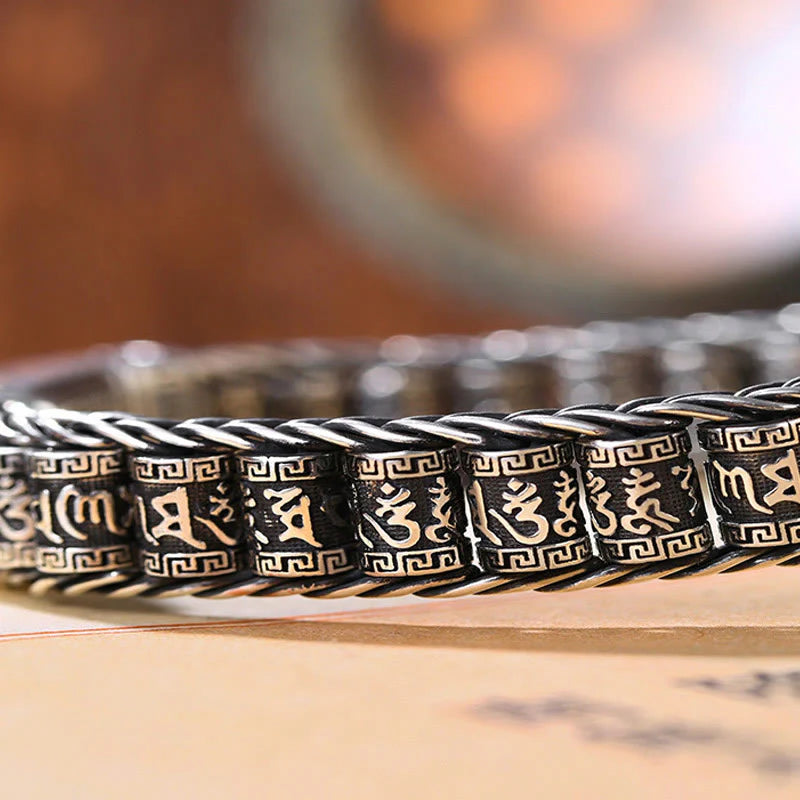 Buddha Stones Tibetan Copper Buckle Om Mani Padme Hum Turntable Rotatable Peace Metal Bracelet