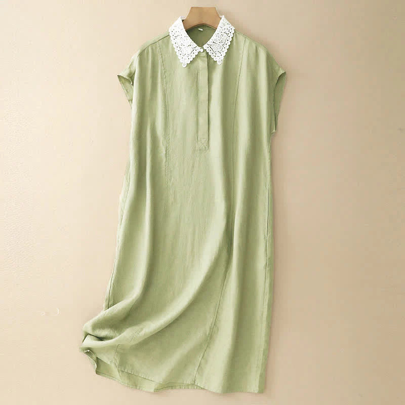Buddha Stones Summer Hollow Lace Design Lapel Sleeveless Cotton Midi Dress With Pockets