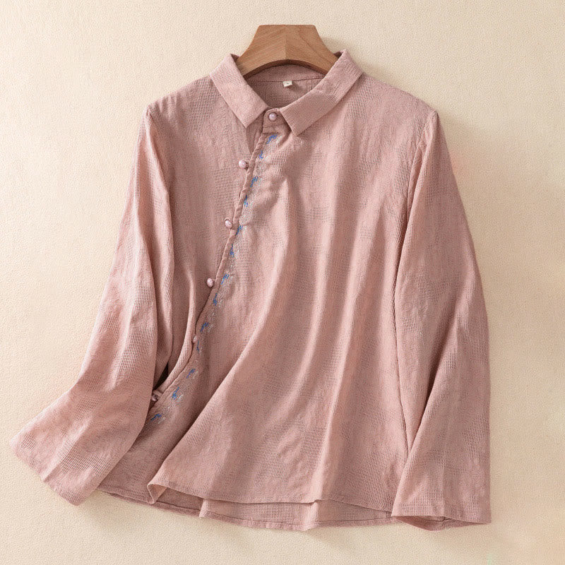Buddha Stones Fall Embroidery Asymmetrical Design Frog-Button Women's Cotton Long Sleeve Shirt